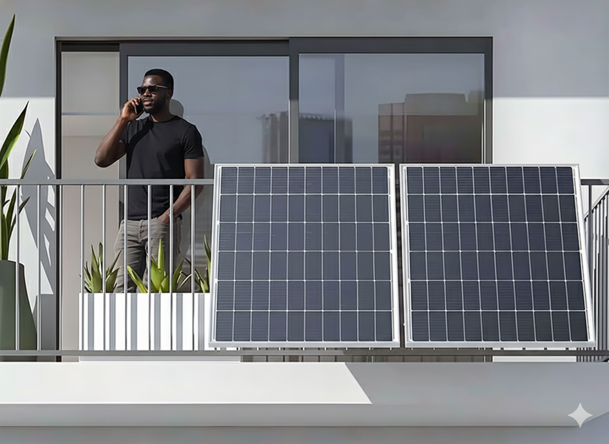 Balcony-mounted solar panels on a modern building
