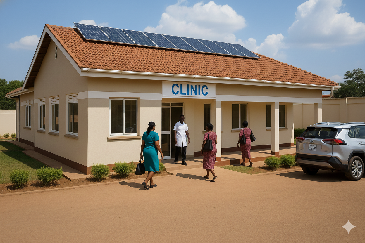 Clinic or school equipment room with labeled inverters and batteries